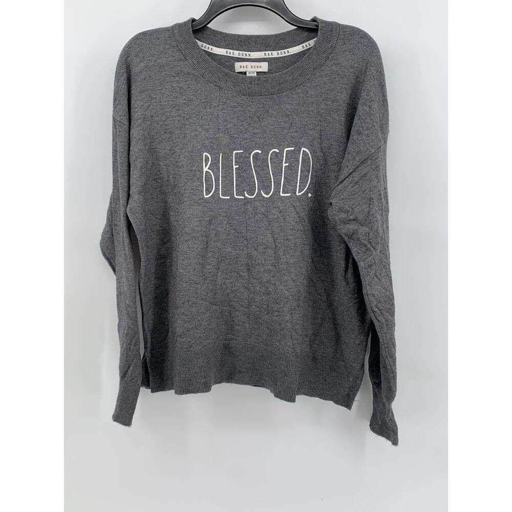 RAE DUNN Women's Raglan Long Sleeve "BLESSED" Gray Pullover Sweatshirt SZ XL